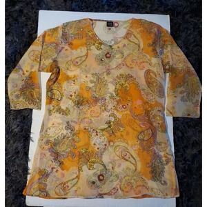 Aisha Carribean Collection XL Sheer Orange Paisley Long Sleeve Sequined Tunic